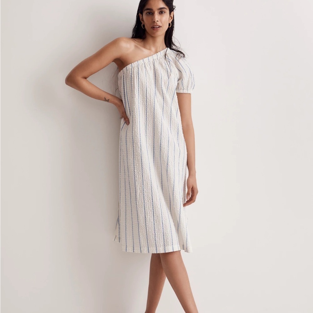 Madewell Seersucker One-Shoulder Midi Dress Stripe White Blue Large W2